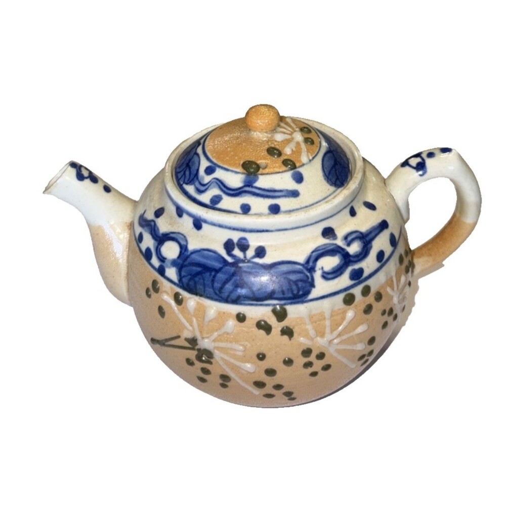 Japan Moriage Pottery Teapot with Infuser Blue White Floral Design